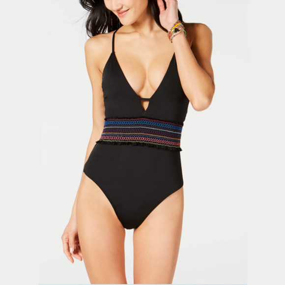 Bar III Women Black Stitching Smocked Plunging One-Piece Bikini Swimsuit Size S - Picture 1 of 2